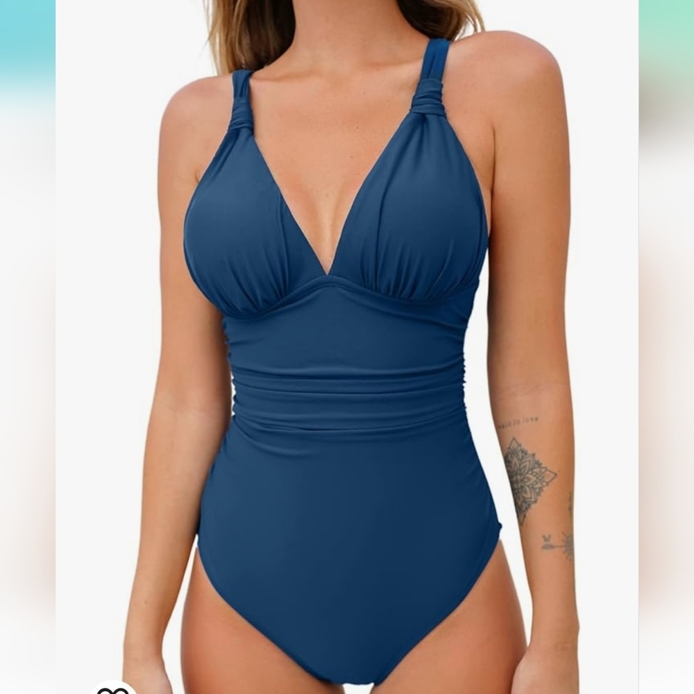 Deep‎ V Neck Tummy Control Ruched V Back Classic Bathing Suit SZ M